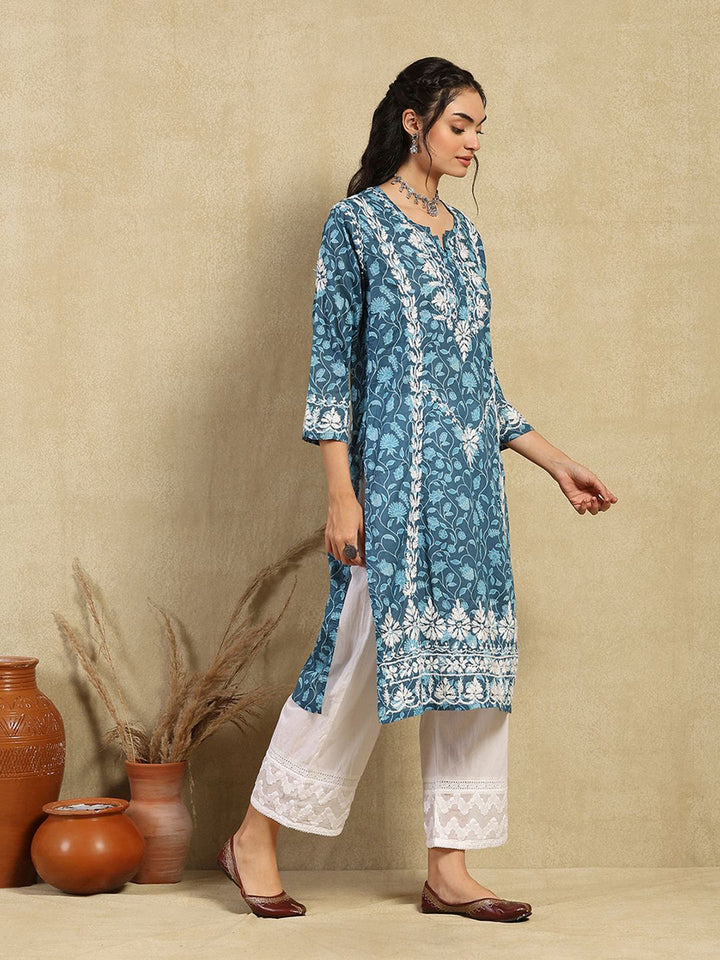 House of Chikankari Women Dark Blue Mulmul Chikankari Embroidered Kurta