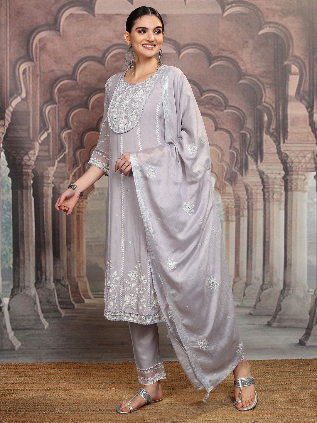 Vishudh Floral Embroidered Regular Kurta with Trouser & Dupatta