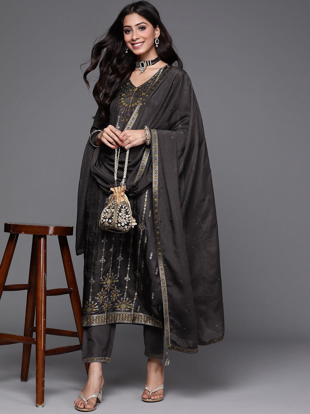 Libas Women Charcoal Grey & Mustard Yellow Ethnic Zari Straight Kurta Trousers Dupatta
