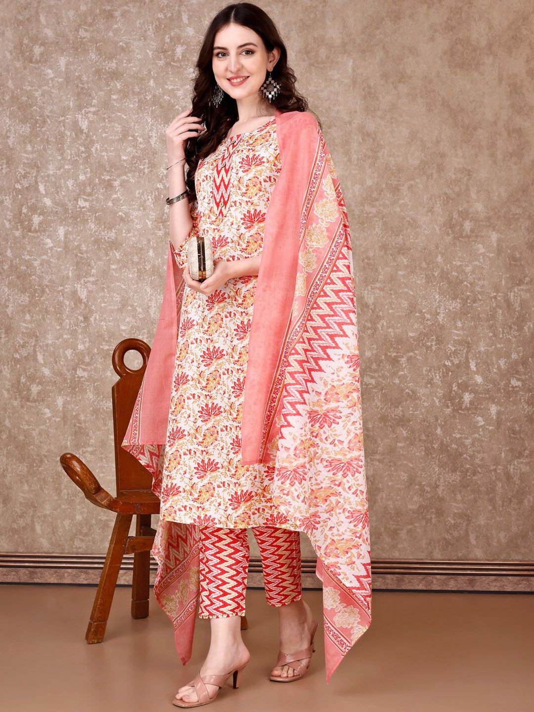 KALINI Floral Printed Regular Straight Kurta With Trousers & Dupatta