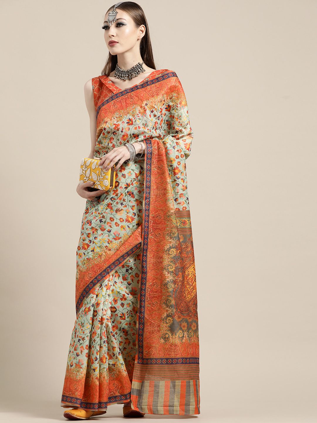 Saree mall Sea Green & Orange Paisley Pochampally Sarees