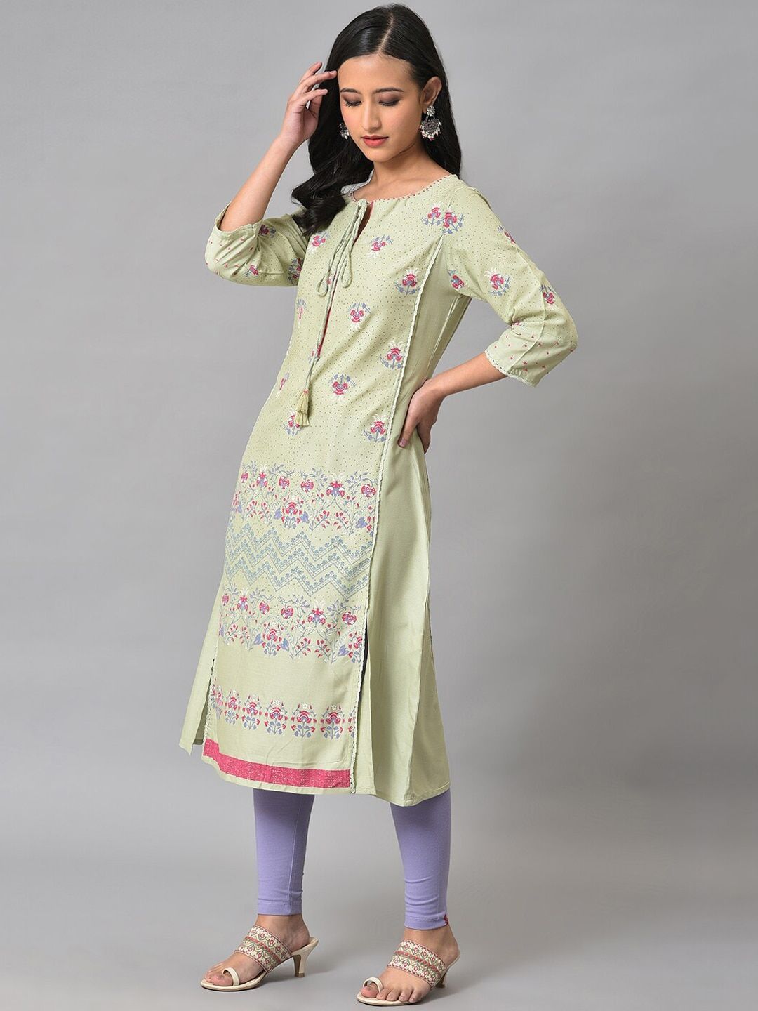 W Women Floral Printed Tie-Up Neck Kurta
