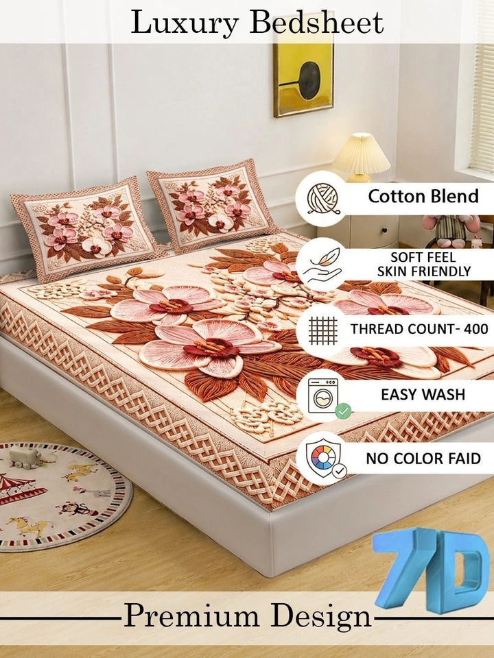 KLOTTHE Beige & Brown Floral 400 TC King Bedsheet with 2 Pillow Covers
