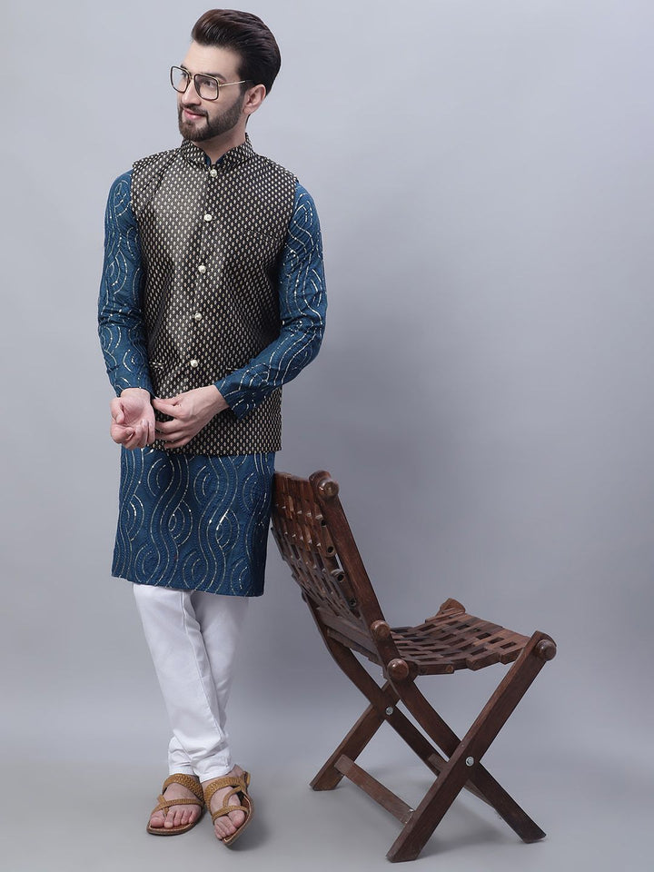 SOJANYA Leheriya Mandarin Collar Pure Cotton Kurta with Pyjamas & Nahru Jacket