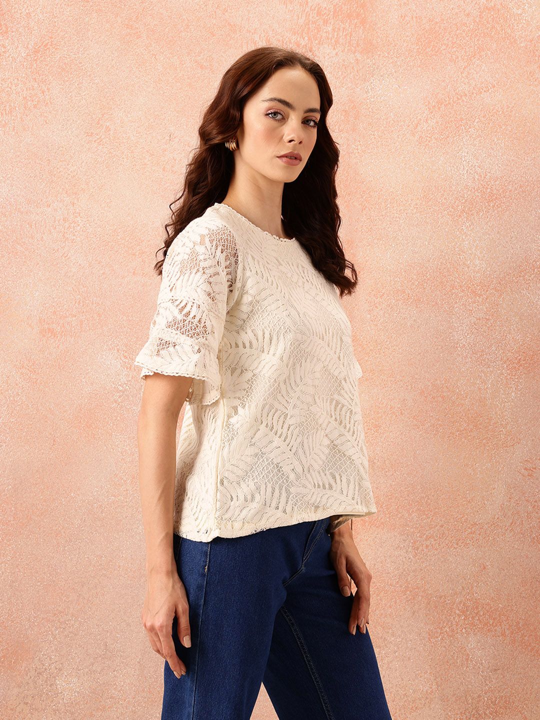 all about you Self Design Lace Up Bell Sleeve Top