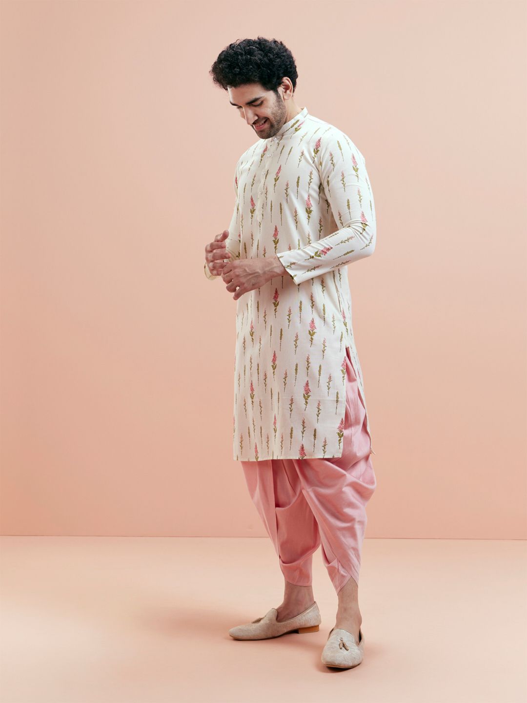 KISAH Men Cream-Coloured & Pink Floral Kurta