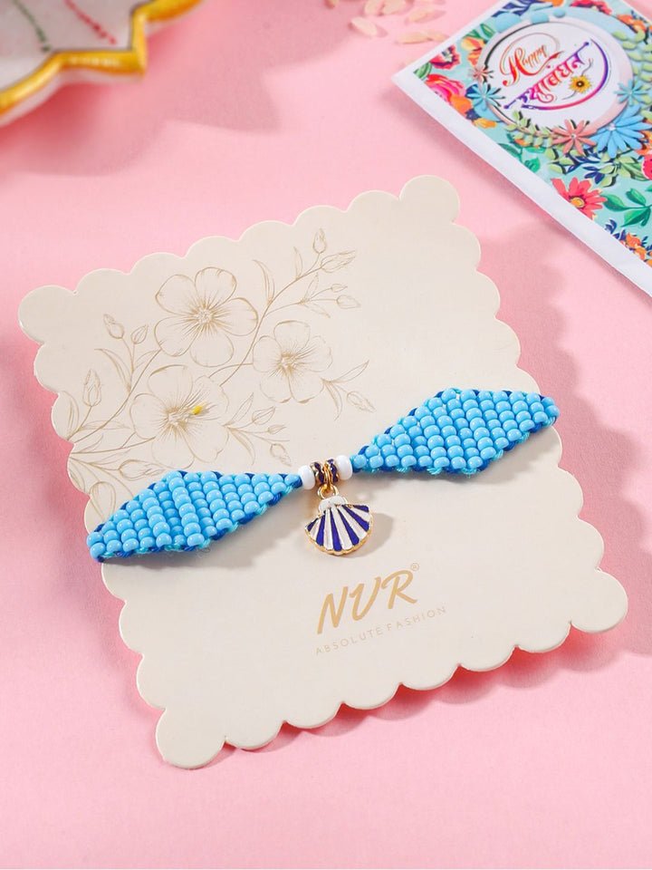 NVR Unisex Blue Pearls Unique  Thread Rakhi With Roli Chawal