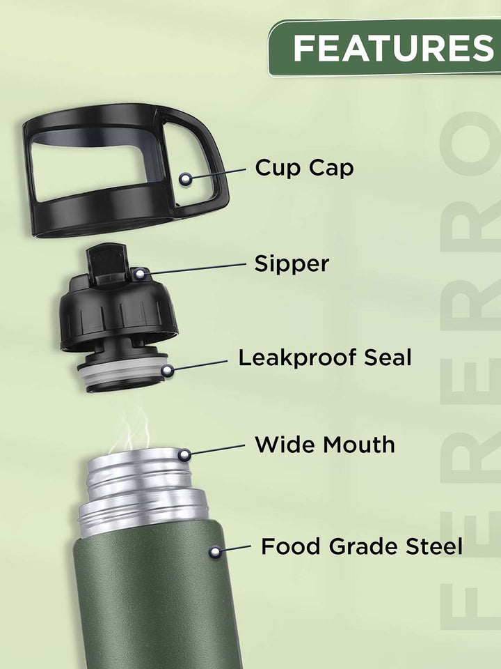 Pexpo Fererro Military Green Thermosteel ISI Certified Hot Flask Water Bottle & Bag 1000ml