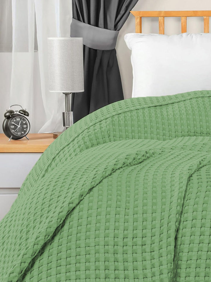 URBAN SPACE Green Checked AC Room 150 GSM Cotton Double Bed Waffle Weave Blanket