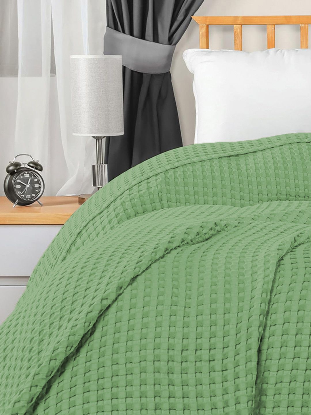 URBAN SPACE Green Checked AC Room 150 GSM Cotton Double Bed Waffle Weave Blanket