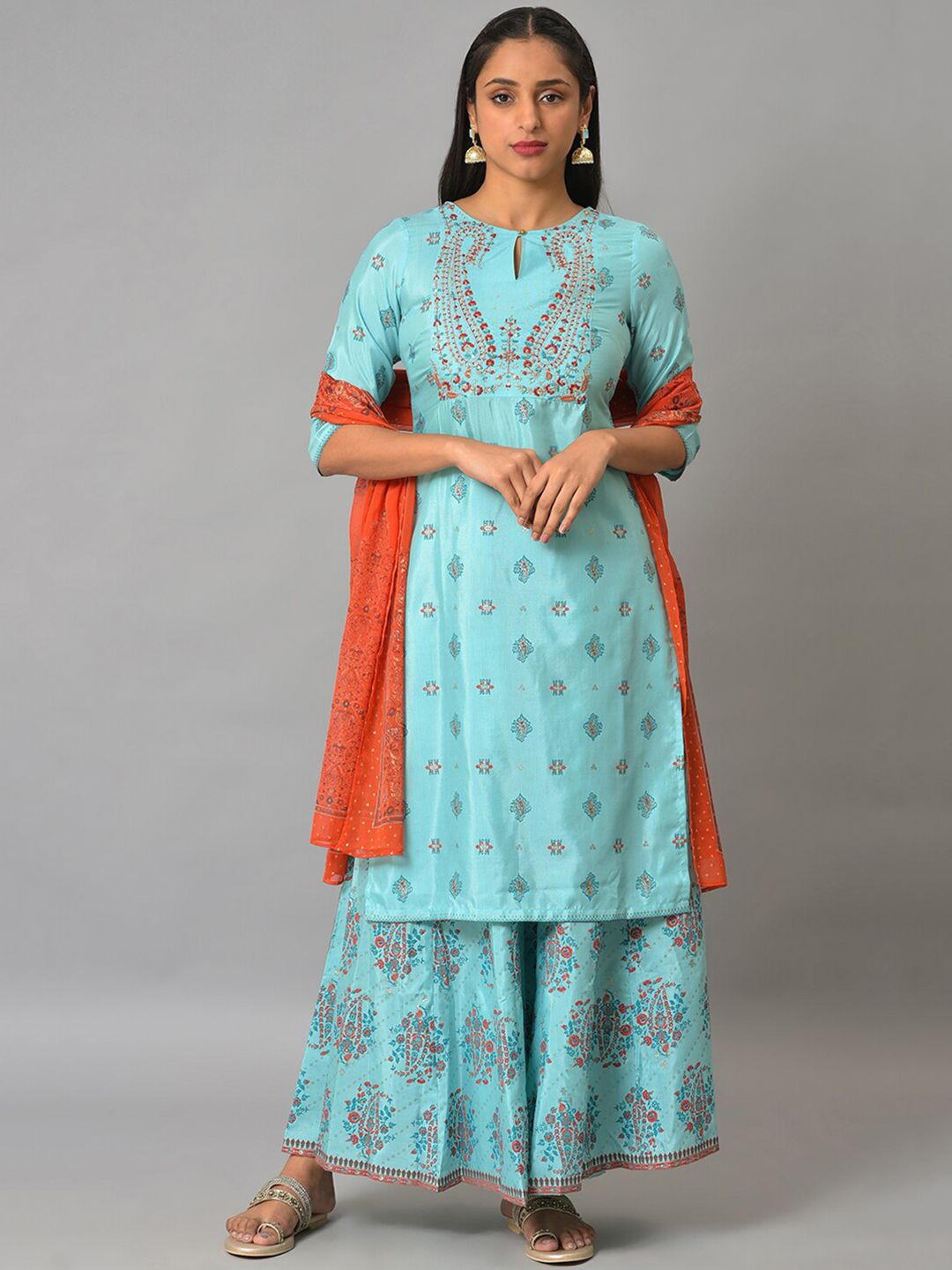 W Women Festive Floral Print Shantung Kurta With Cullote & Dupatta