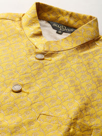 SOJANYA Men Grey & Mustard Yellow Kurta with Pyjamas & Woven Design Nehru Jacket
