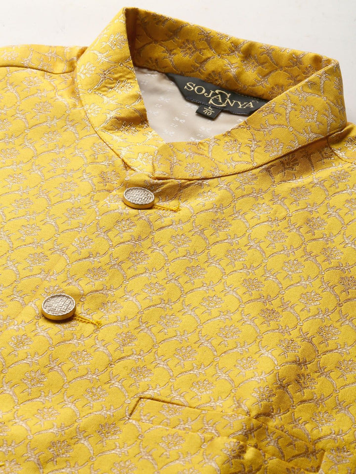 SOJANYA Men Grey & Mustard Yellow Kurta with Pyjamas & Woven Design Nehru Jacket