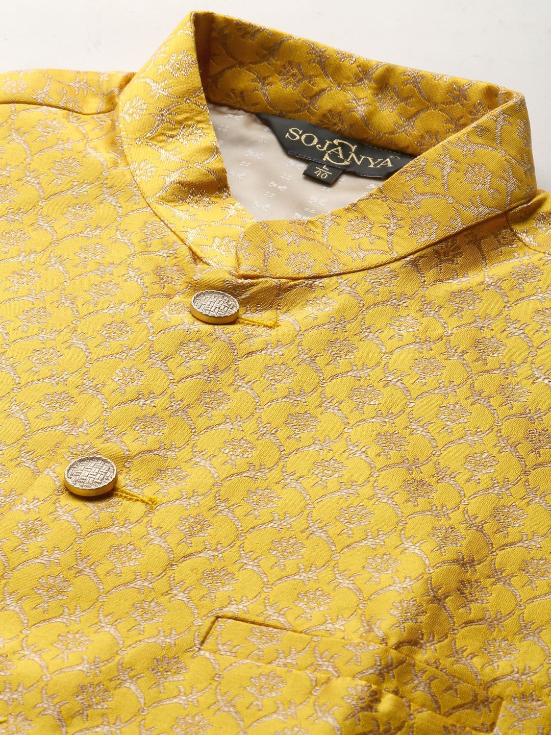 SOJANYA Men Grey & Mustard Yellow Kurta with Pyjamas & Woven Design Nehru Jacket