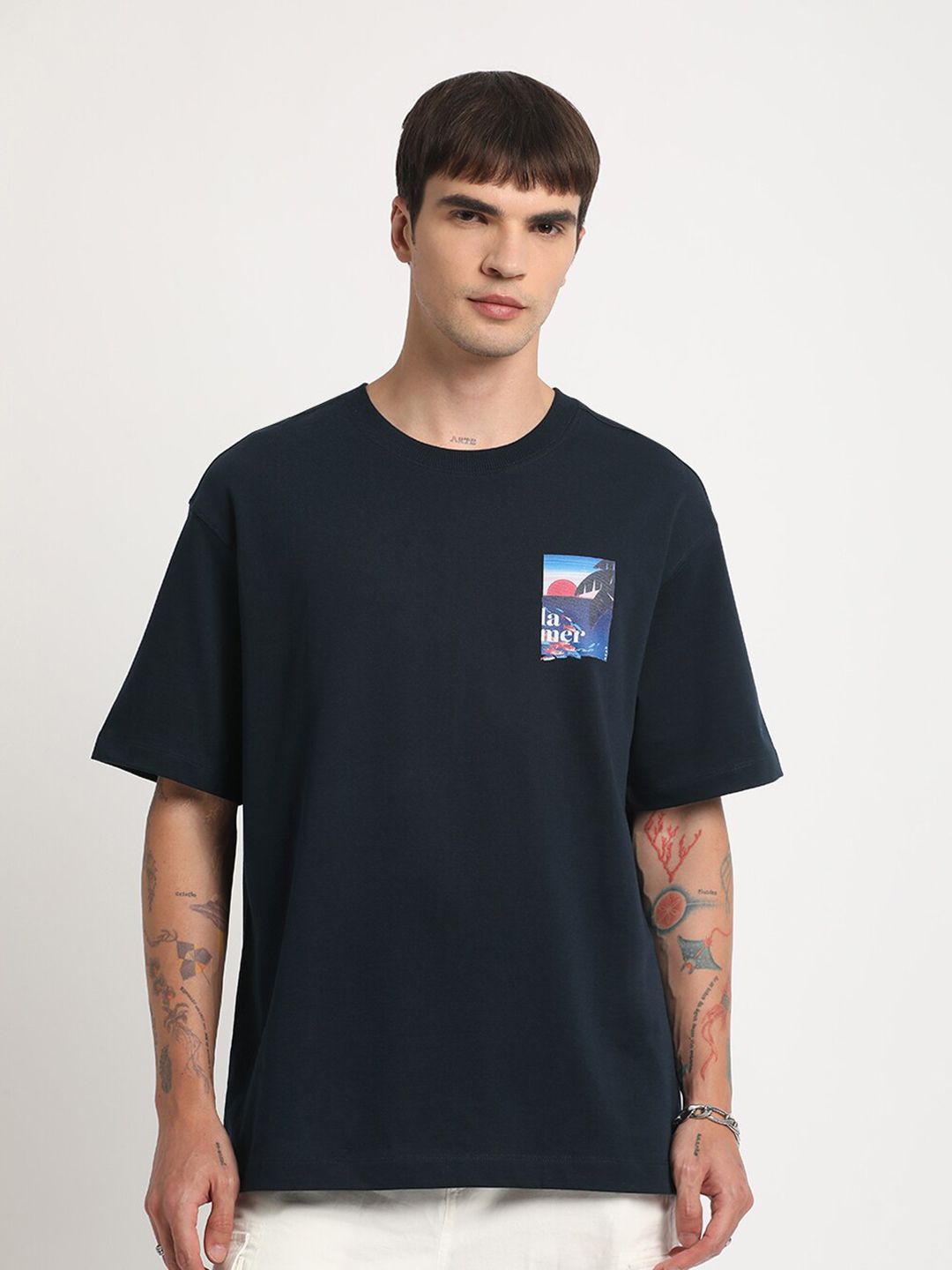 THE BEAR HOUSE Graphic Printed Round Neck Oversized Cotton T-shirt