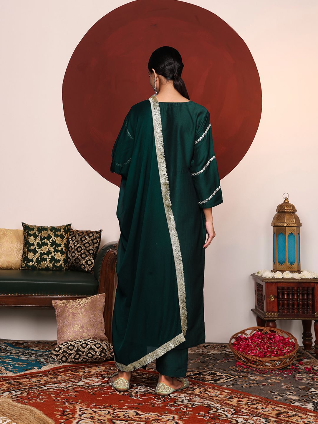 Varanga Women Green Yoke Design Mirror Work Kurta with Trousers &  Dupatta