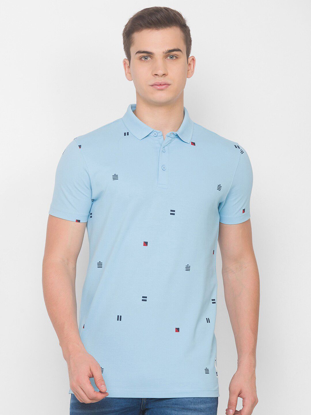 SPYKAR Men Blue Printed Polo Collar Pockets Slim Fit T-shirt