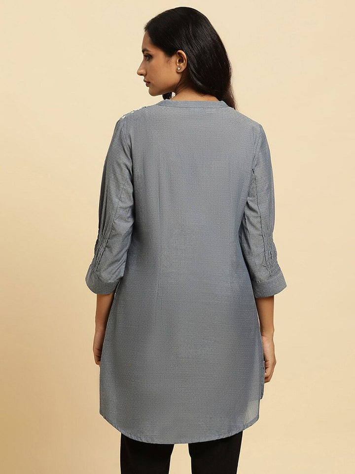 W Grey Floral Woven Design Mandarin Collar Pure Cotton A-Line kurta