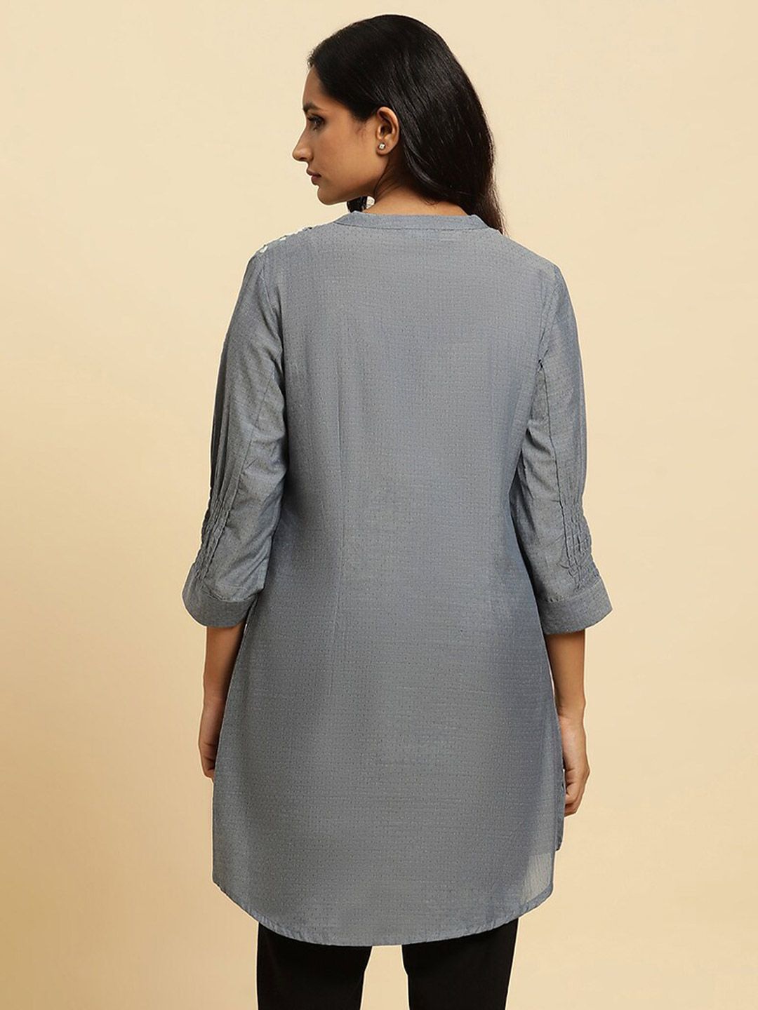W Grey Floral Woven Design Mandarin Collar Pure Cotton A-Line kurta