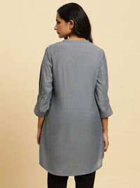 W Grey Floral Woven Design Mandarin Collar Pure Cotton A-Line kurta