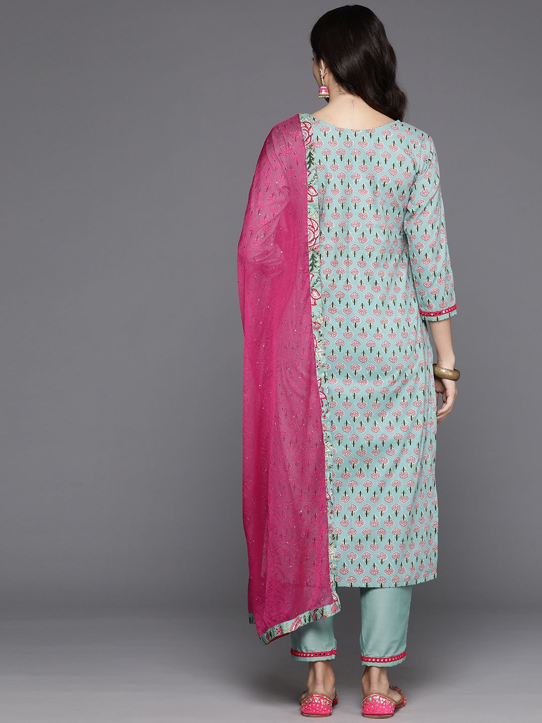 Indo Era Women Floral Printed Mirror Work Pure Cotton Kurta with Trousers & With Dupatta