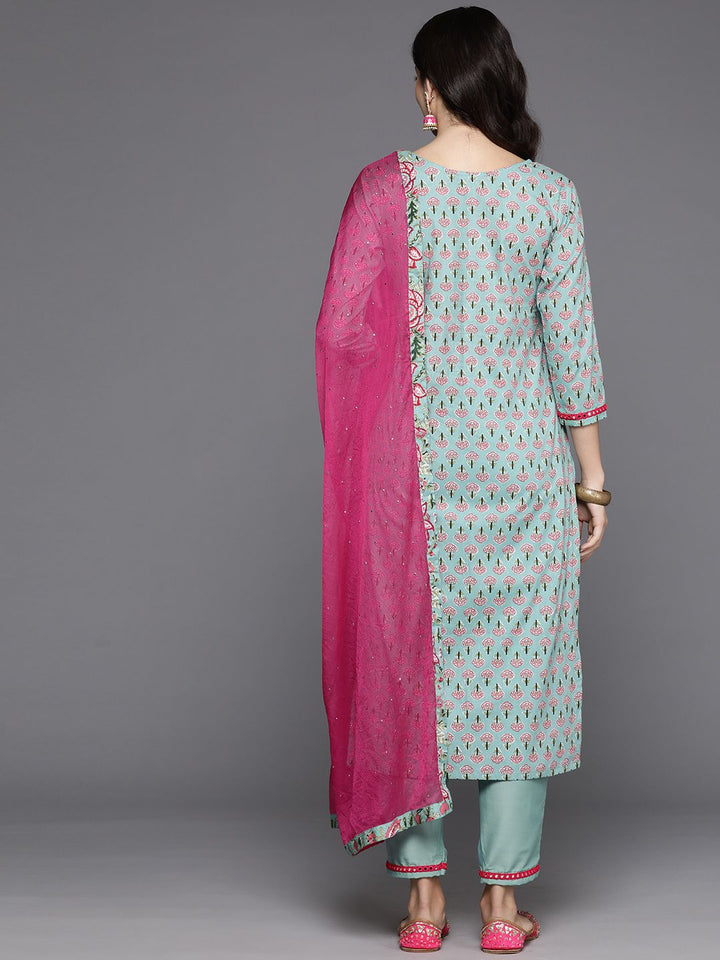 Indo Era Women Floral Printed Mirror Work Pure Cotton Kurta with Trousers & With Dupatta
