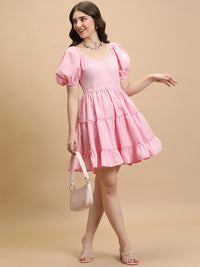 Tokyo Talkies Pink V-Neck Puff Sleeves Smocked Tiered Fit & Flare Dress
