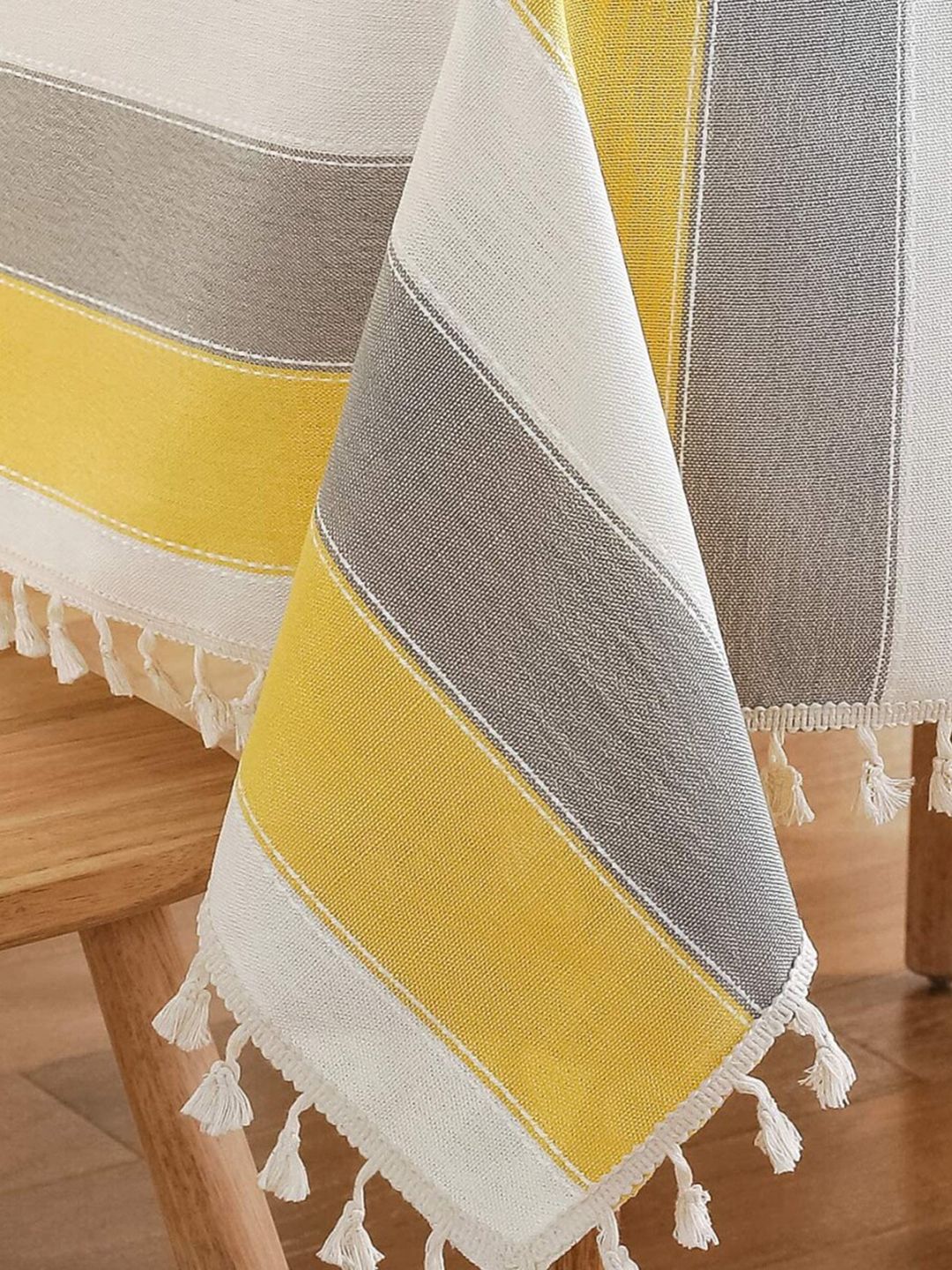 URBAN SPACE Yellow & Grey Striped 4-Seater Cotton Table Cloth