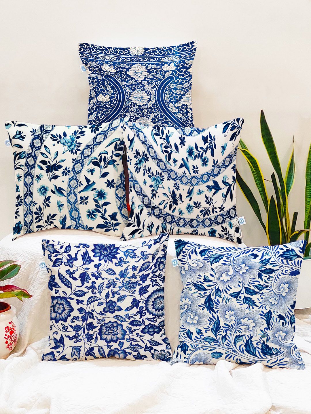 STITCHNEST Set of 5 Blue & Off White Ethnic Motifs Square Cushion Covers