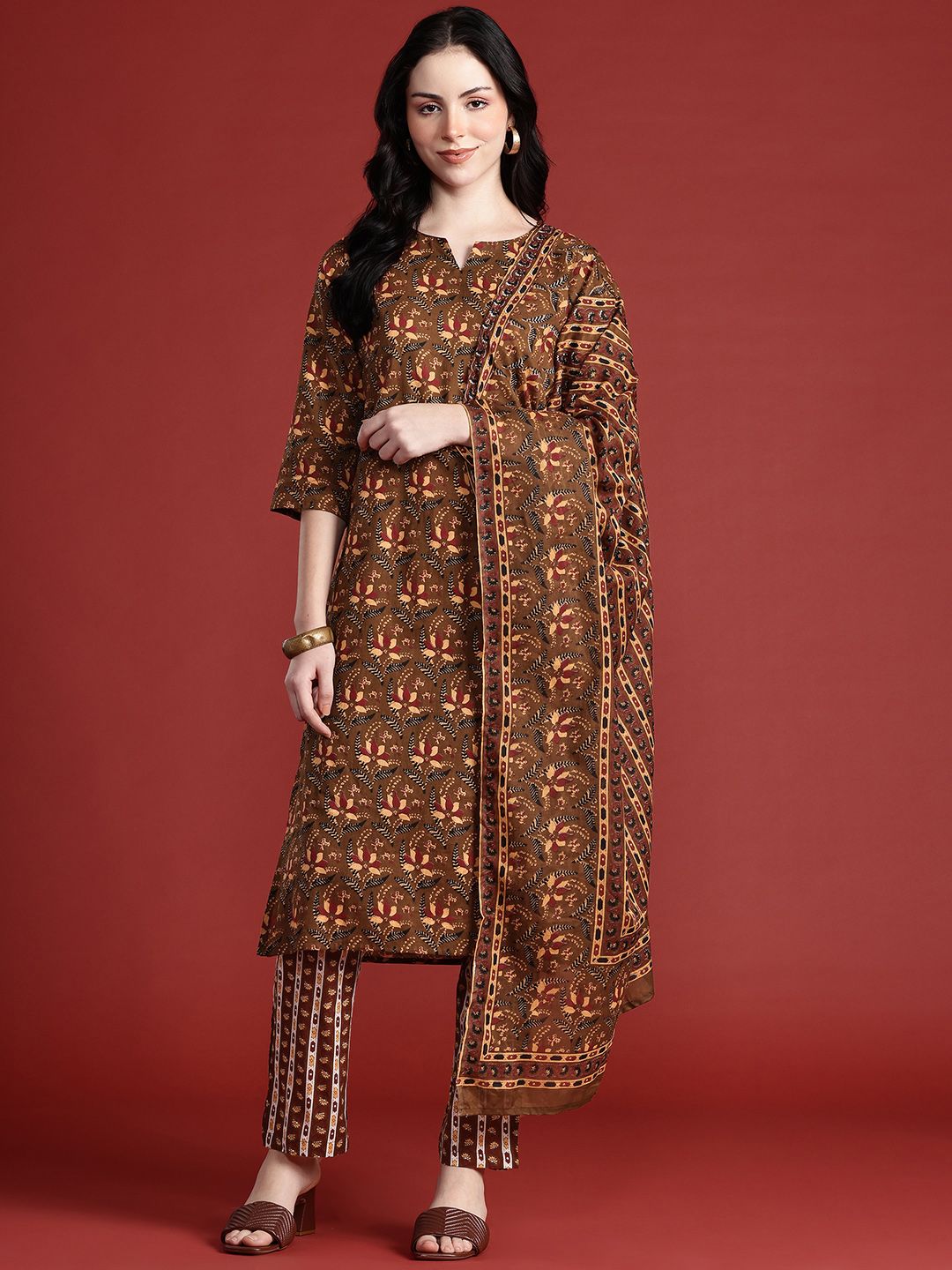Anouk Women Ethnic Motifs Printed Pure Cotton Kurta with Trousers & Dupatta