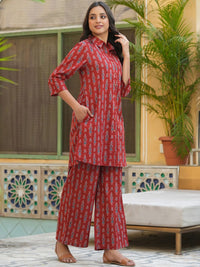 SANSKRUTIHOMES Red Printed Longline Pure Cotton Shirt with Lounge Pants