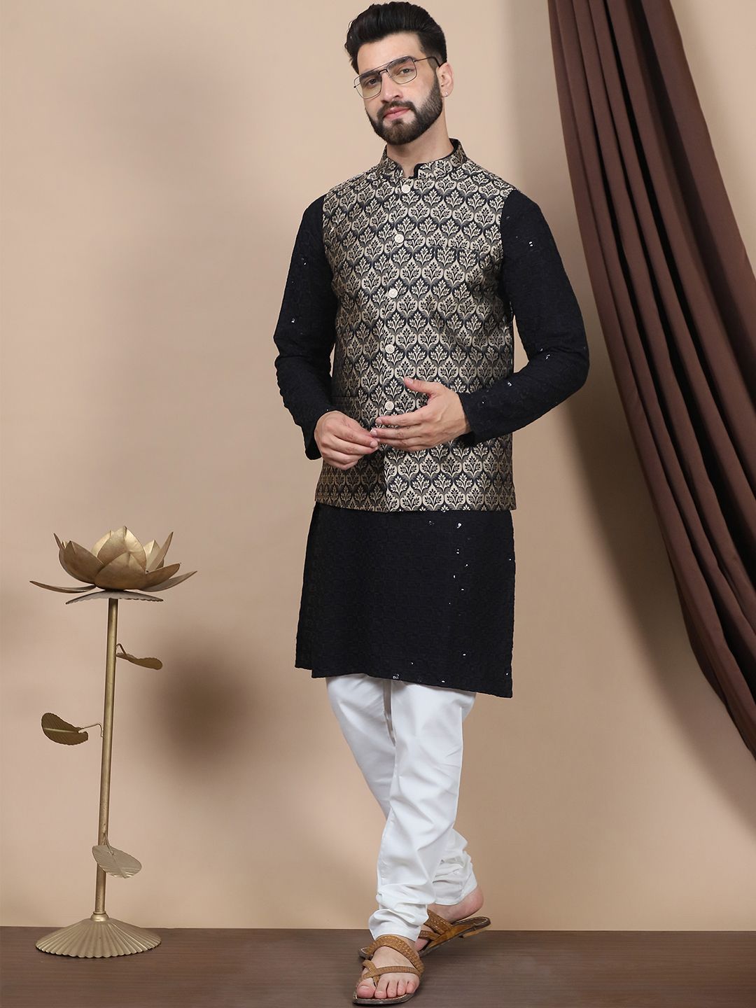 Anouk Black Floral Embroidered Sequinned Cotton Straight Kurta & Churidar & Nehru jacket