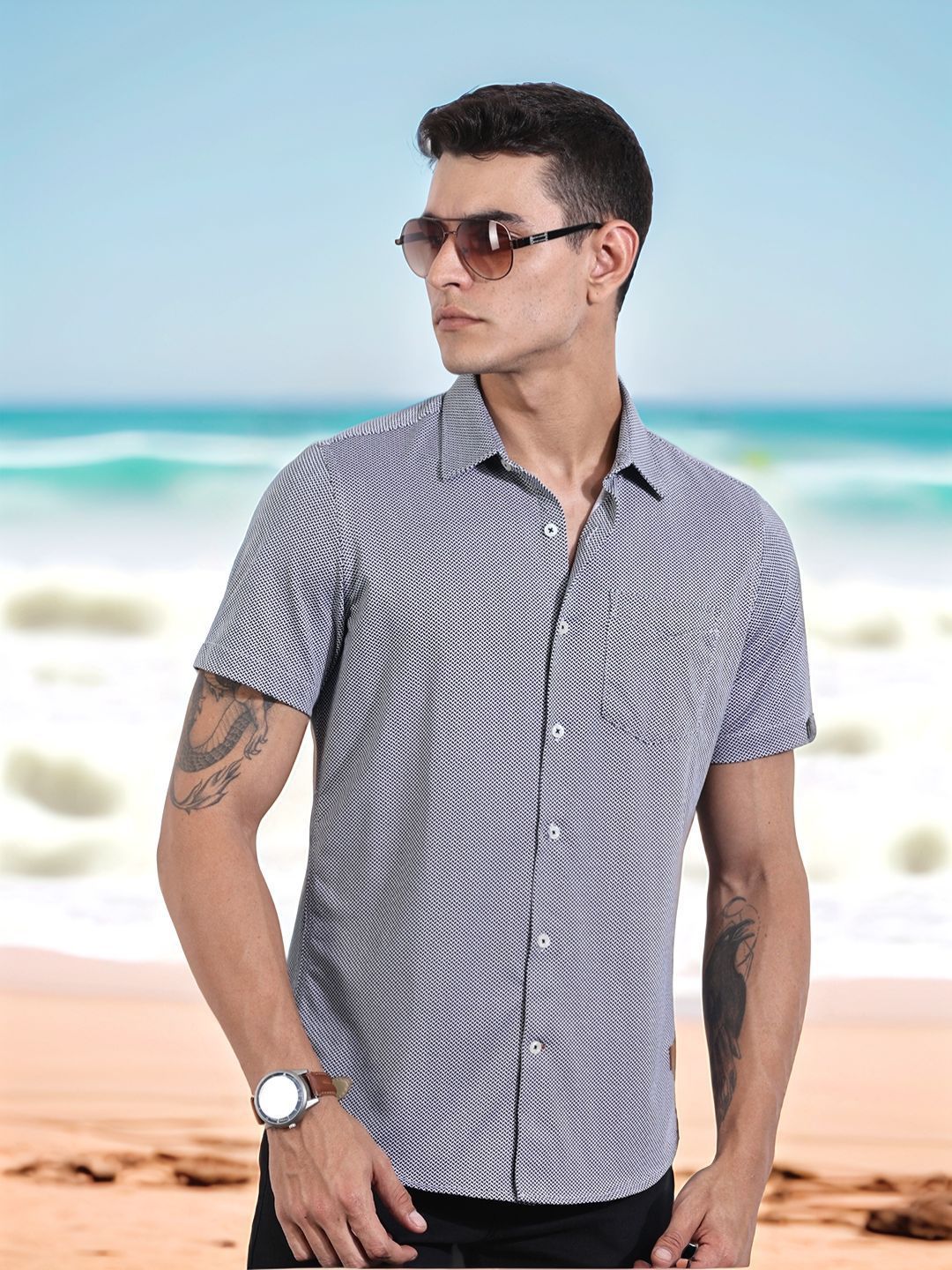 Thomas Scott Men Classic Slim Fit Spread Collar Geometric Printed Cotton Knitted Shirt