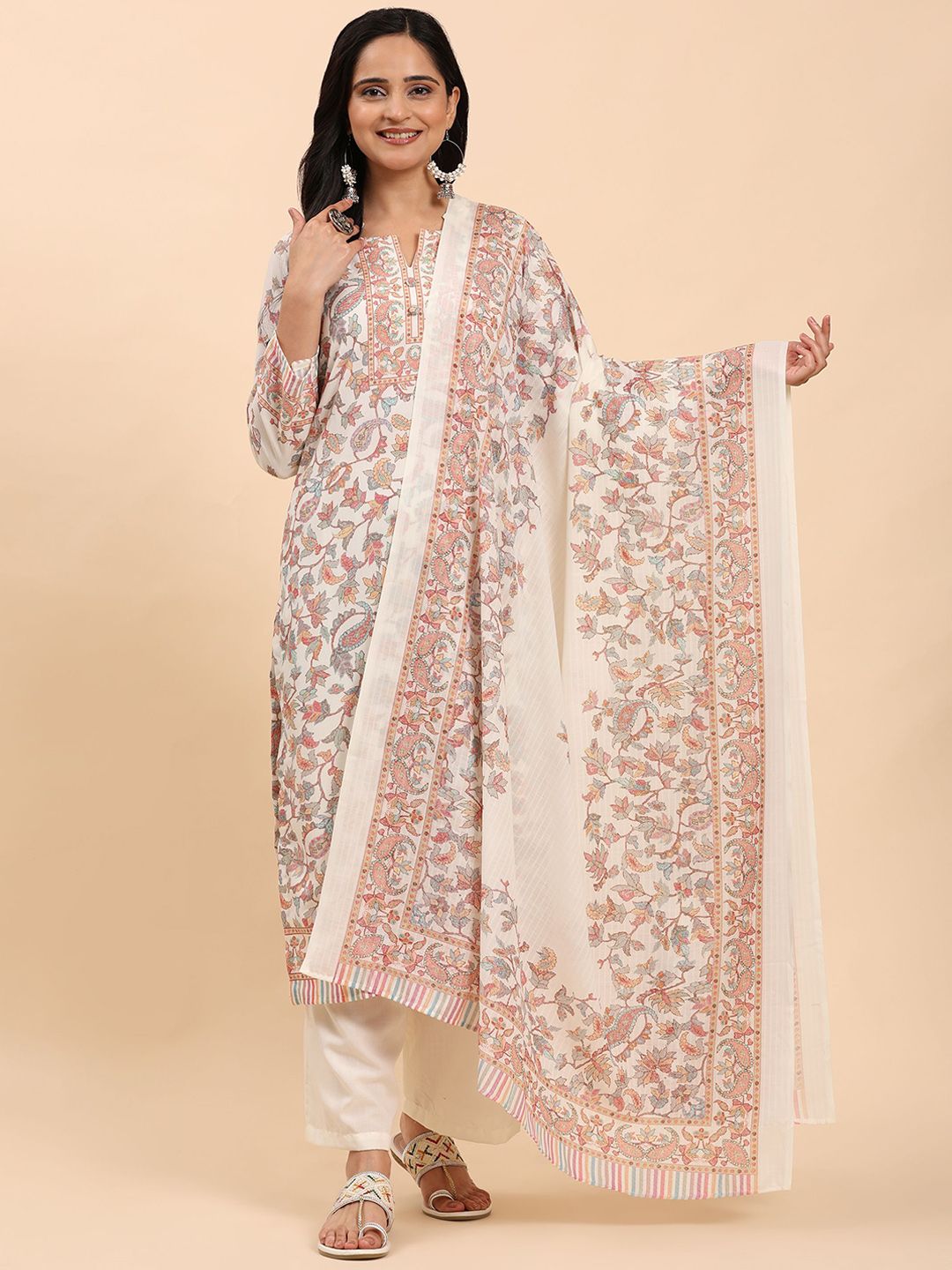 Mamicha Women Floral Printed Regular Pure Cotton Kurta with Trousers & With Dupatta