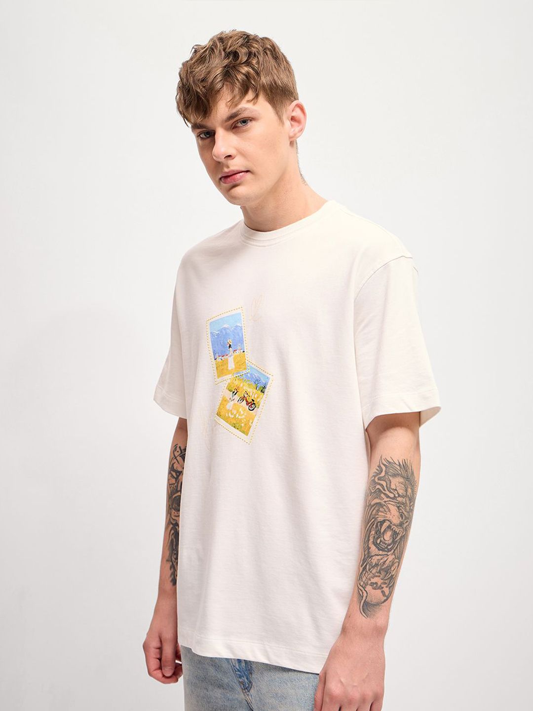 THE BEAR HOUSE Men Graphic Printed Round Neck Cotton Oversized T-Shirt