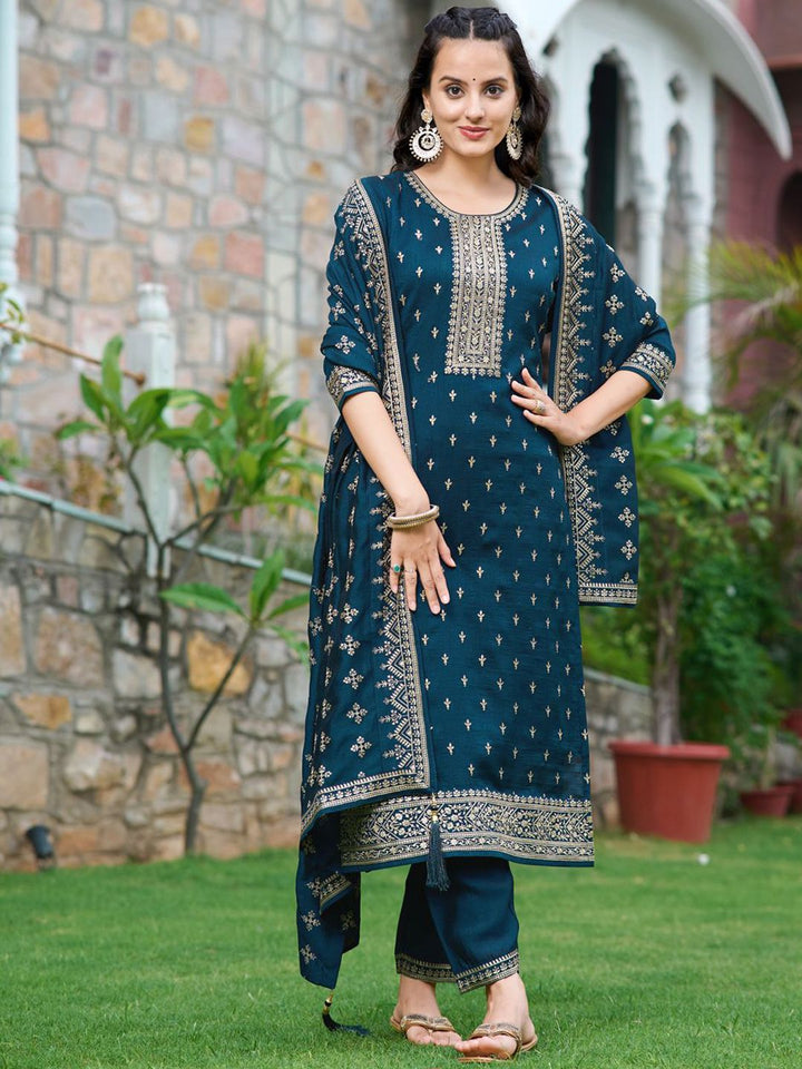Motif etnik kalini bersulam kurta lurus dengan seluar & dupatta