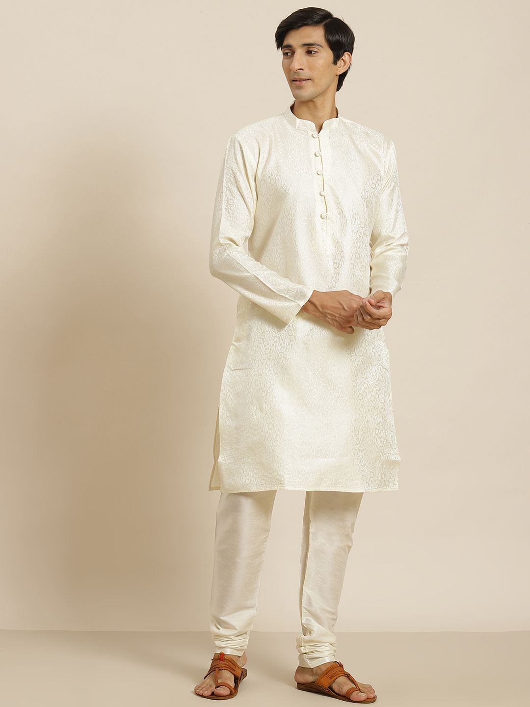 SOJANYA Men Cream-Coloured Woven Design Kurta