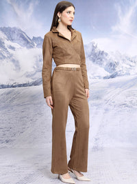 Tokyo Talkies Notched Lapel Collar Suede Crop Top With Trousers