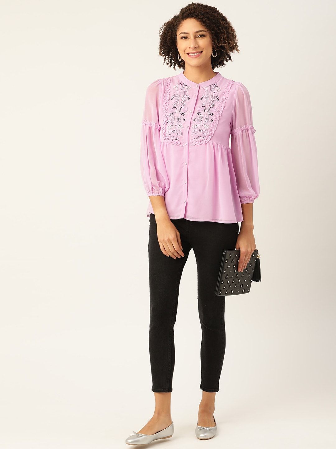 Antheaa Lavender Embroidered Mandarin Collar Puff Sleeves A-Line Top