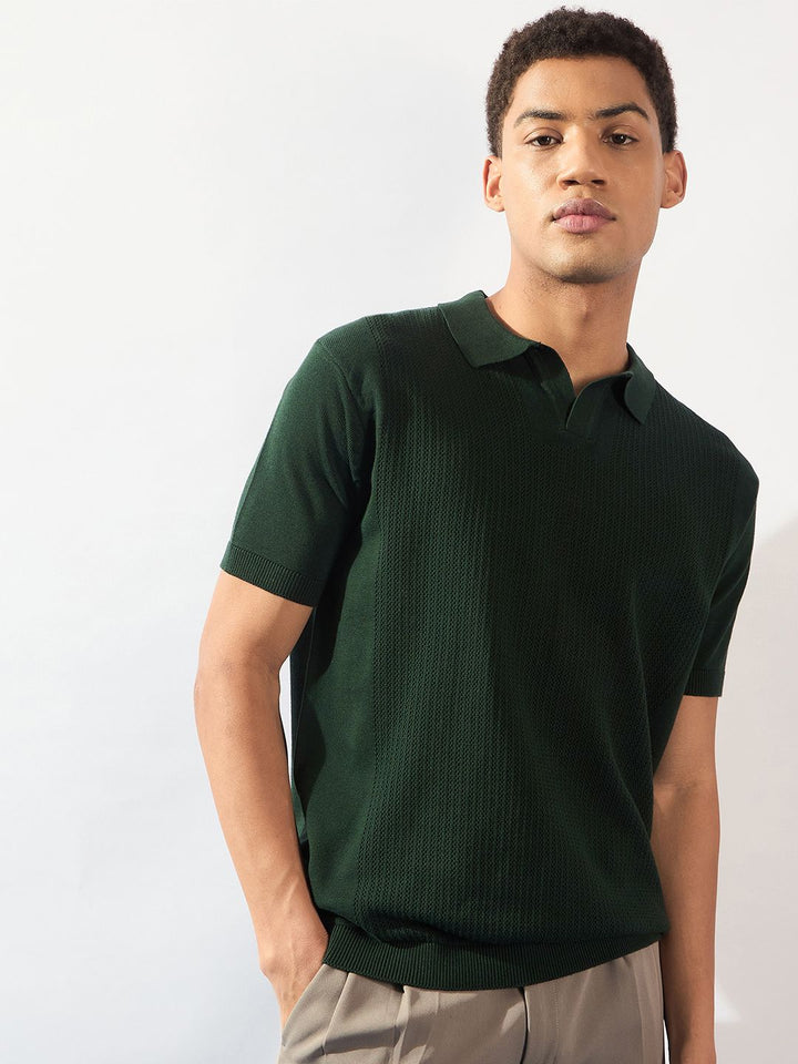 DENNISON Men Textured Polo Collar Knitted T-Shirt