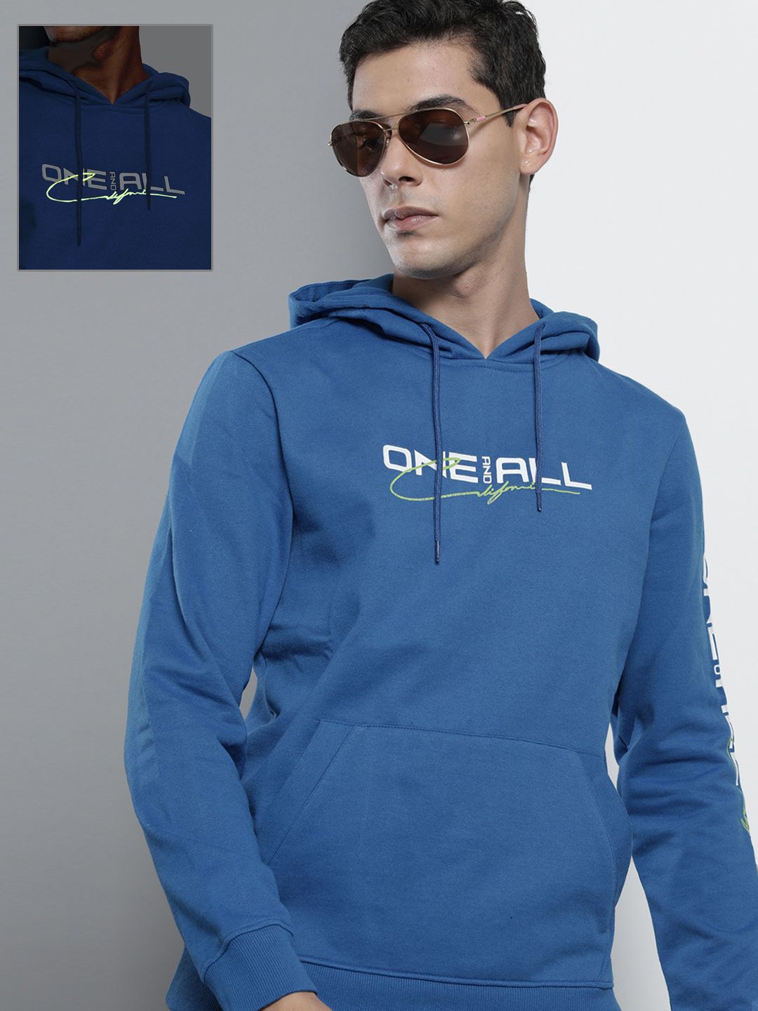 The Indian Garage Co Men Blue Printed Hooded Sweatshirt