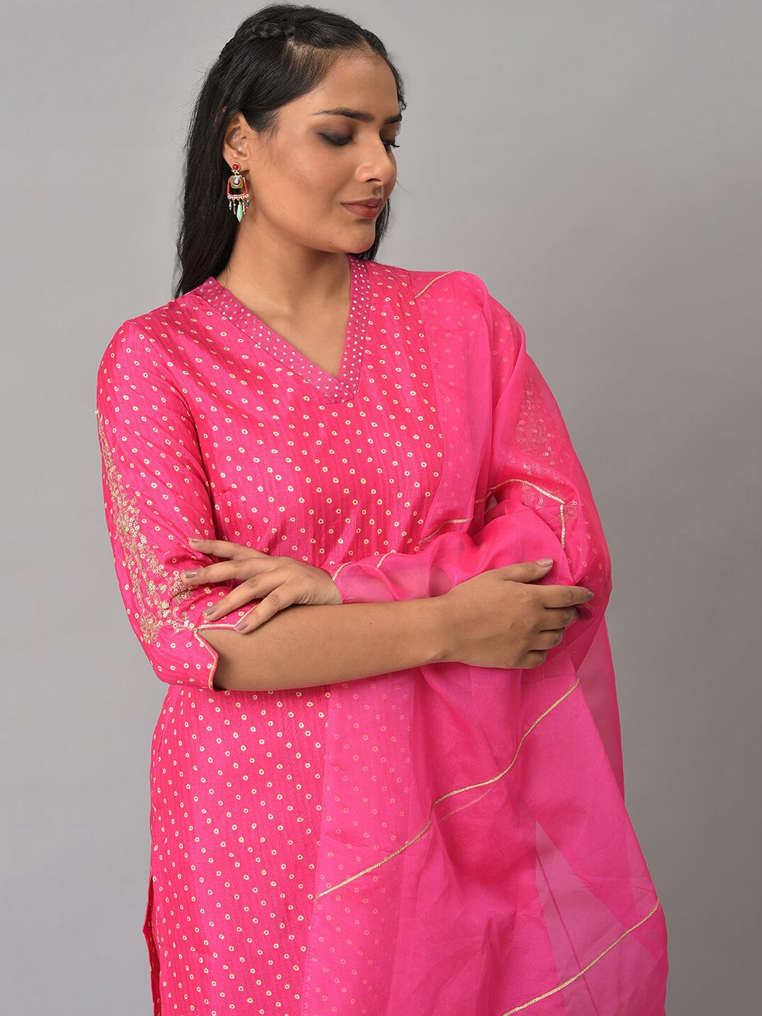 W Polka Print Karnatka Silk Kurta With Straight Pant & Dupatta