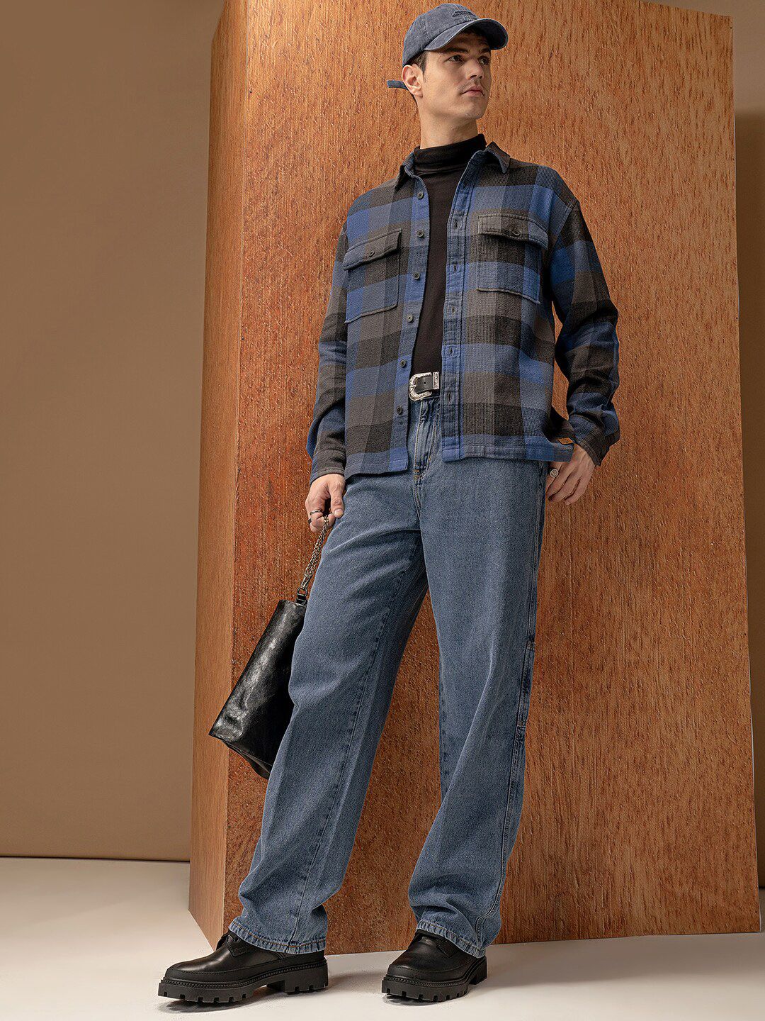 Locomotive Premium Men Blue Waffle Dobby Textured Checked Utility Pocket Overshirt