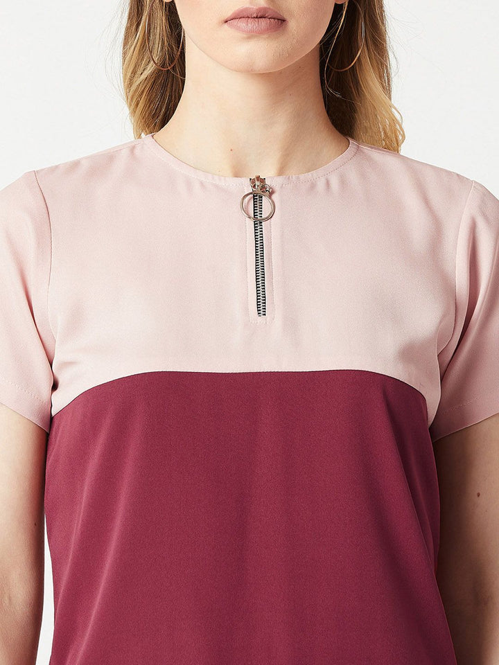 Miss Chase Women Maroon & Pink Colourblocked Top