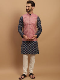 SOJANYA Kurta Biasa Bersulam Geometrik dengan Jaket Nehru Rekaan Churidar & Tenunan