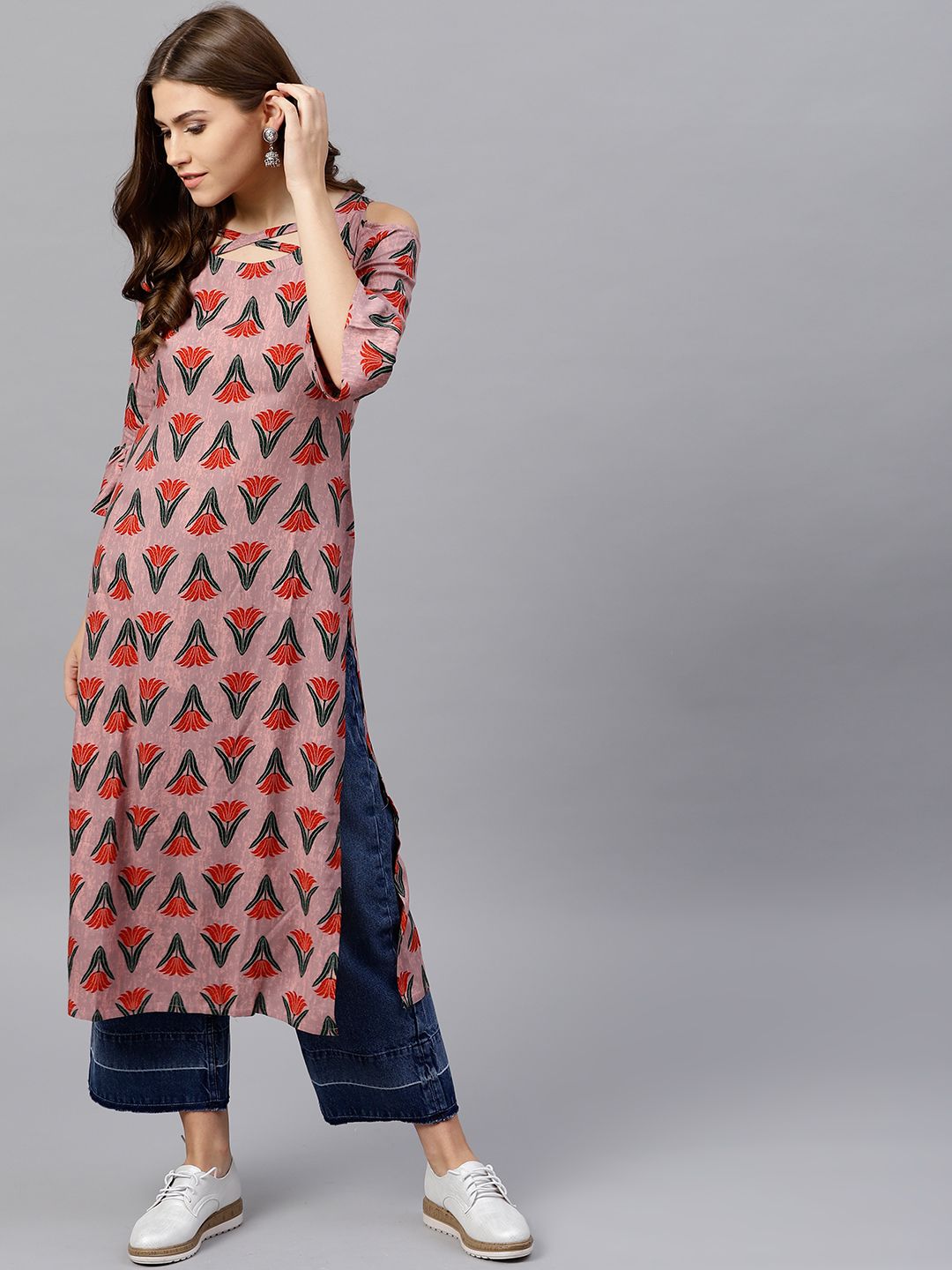 Gerua By Libas Women Mauve  Red Printed Cold Shoulder Straight Kurta