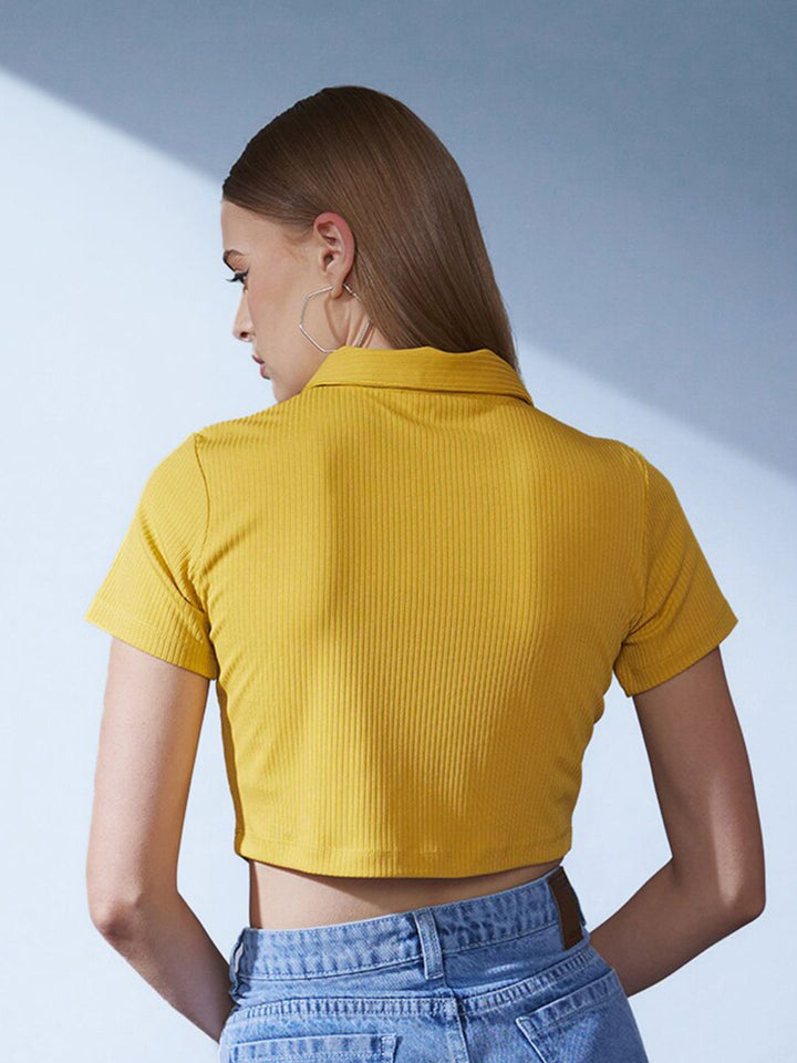 STREET 9 Yellow Polo Collar Ribbed Slim Fit Crop T-shirt