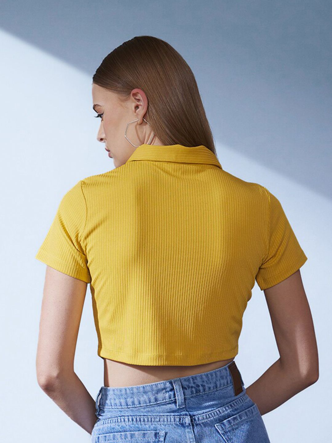 STREET 9 Yellow Polo Collar Ribbed Slim Fit Crop T-shirt