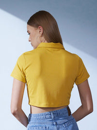STREET 9 Yellow Polo Collar Ribbed Slim Fit Crop T-shirt