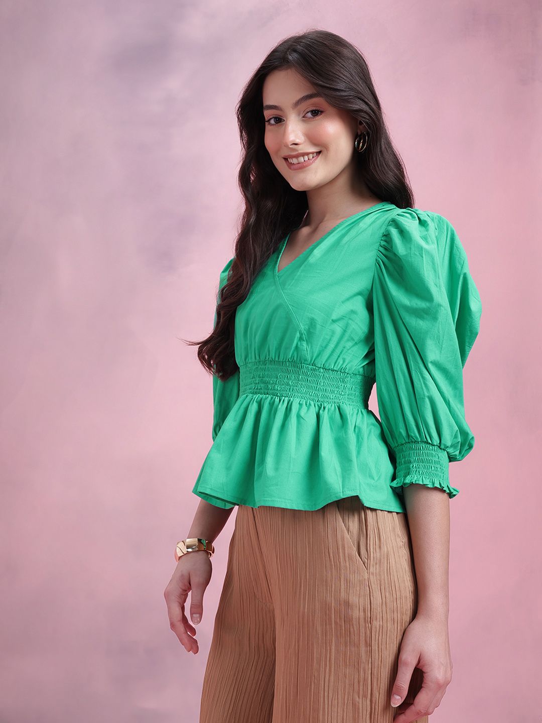 DressBerry Smocked Pure Cotton Peplum Top